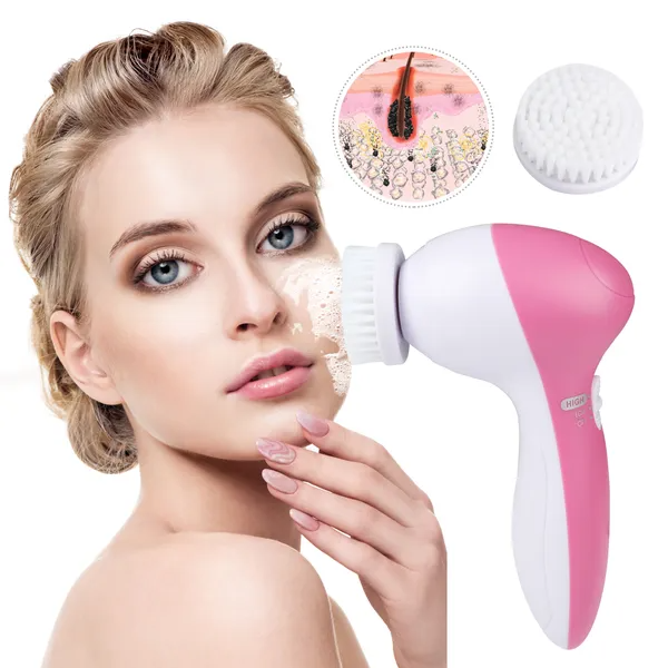 Electric Facial Cleansing Brush with 5 Brush Heads - Pink