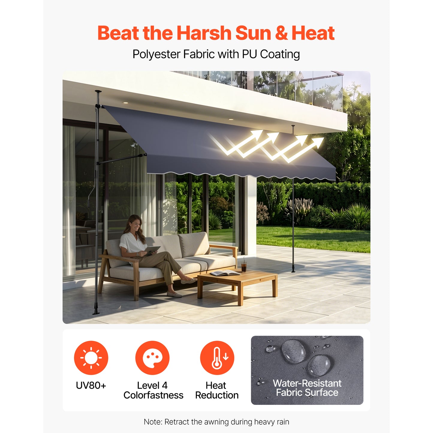 Manual Retractable Patio Awning 138" Sunshade Shelter for Garden Balcony