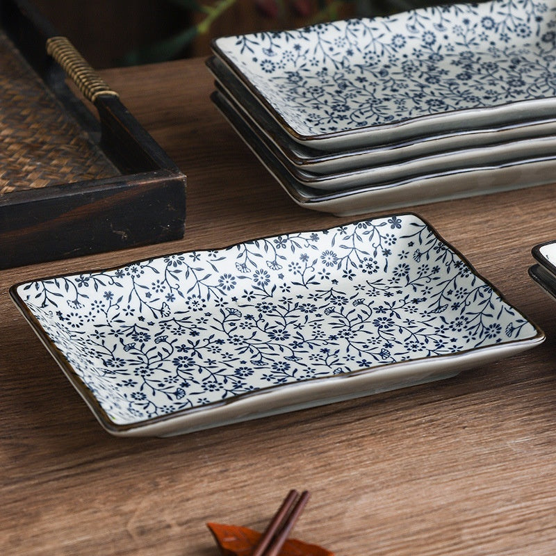 Ceramic Rectangular Plate Set - Antique Under-Glaze Dinnerware for Kitchen