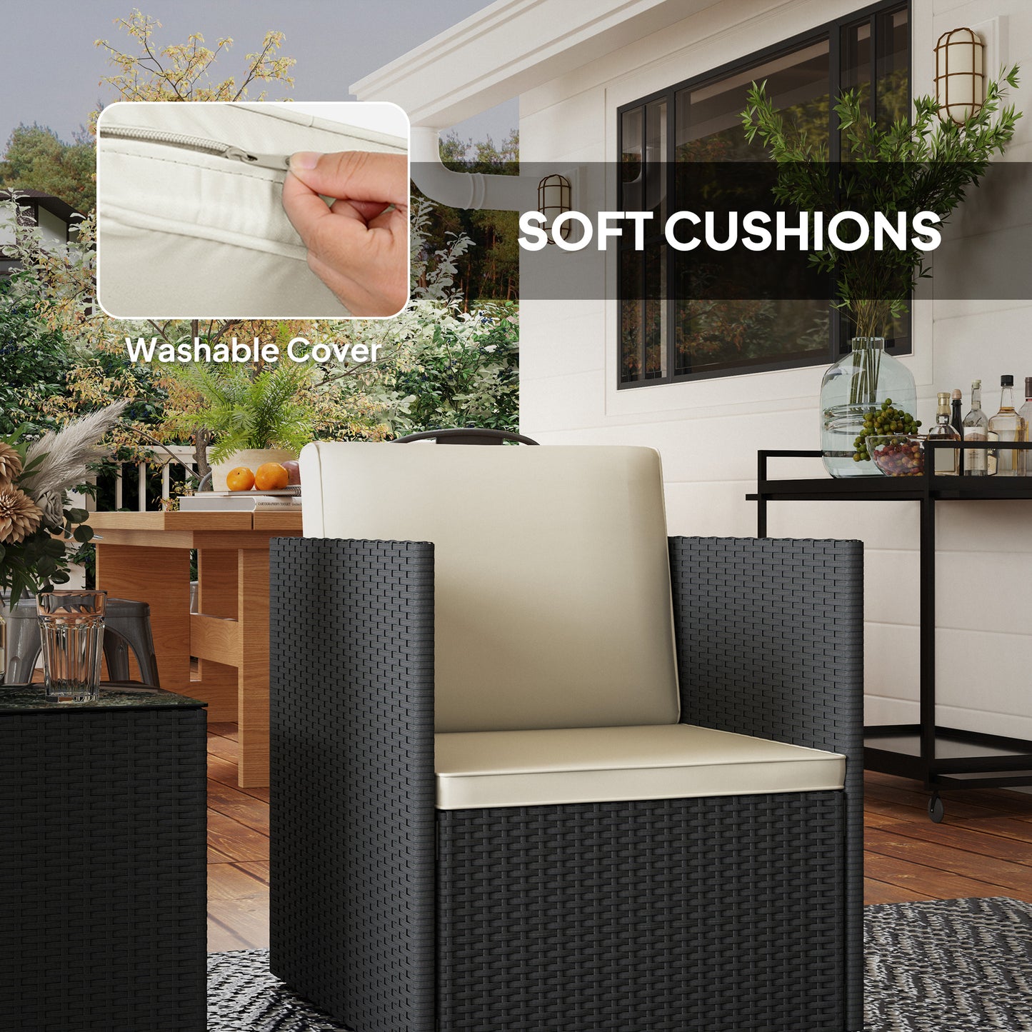 Folding Wicker Bistro Set - 3 Piece Outdoor Furniture with Cushions, Black