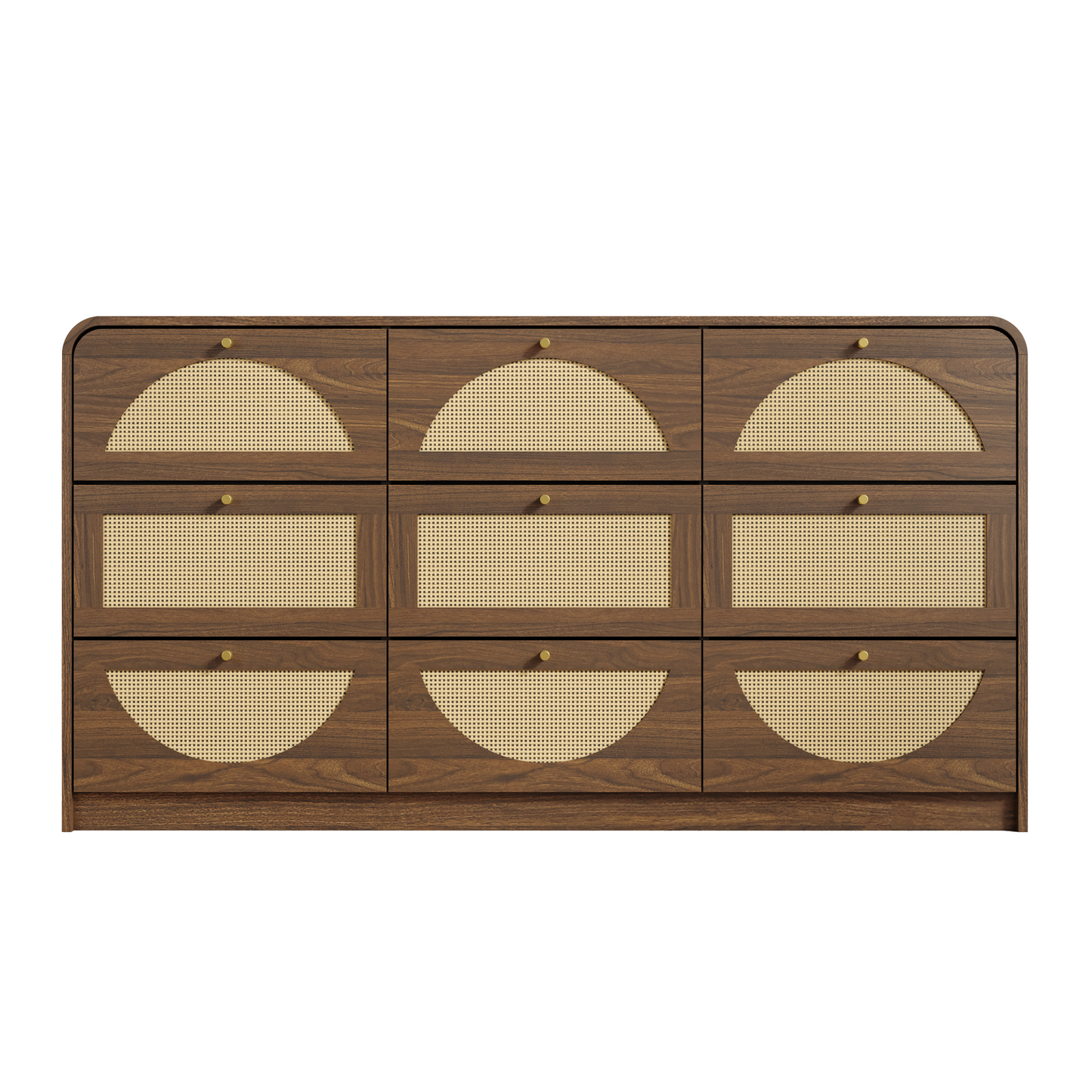 Modern 9-Drawer Dresser with Rattan Front - Walnut Finish