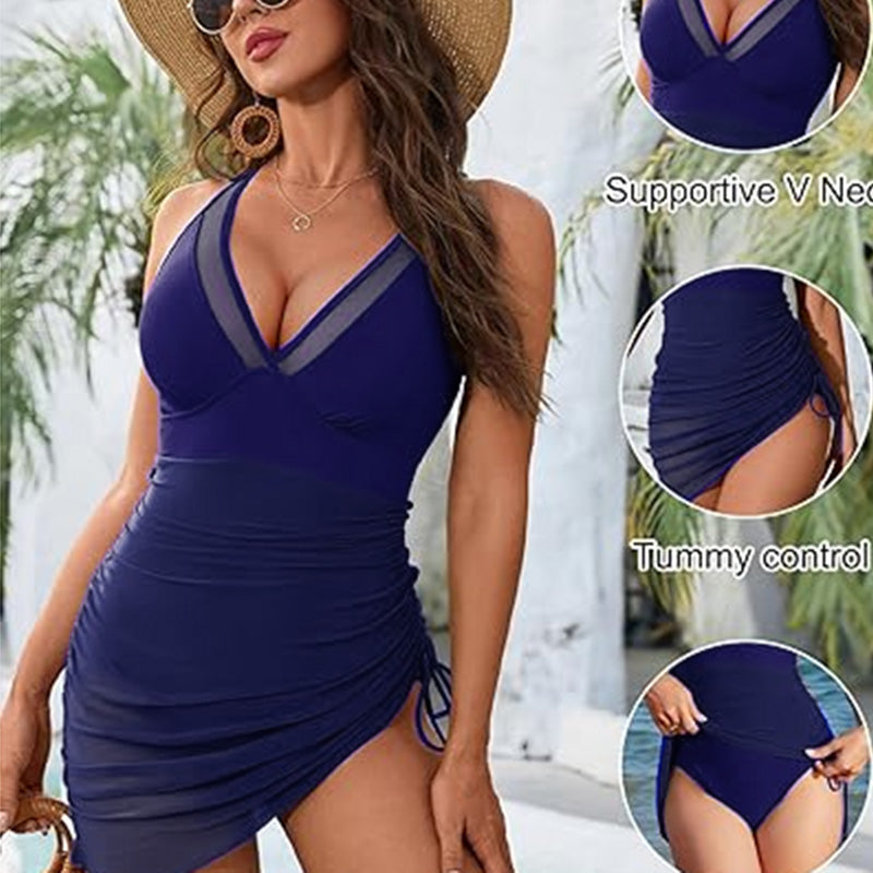 One-Piece Swim Dress with Tummy Control & Mesh Sarong Wrap