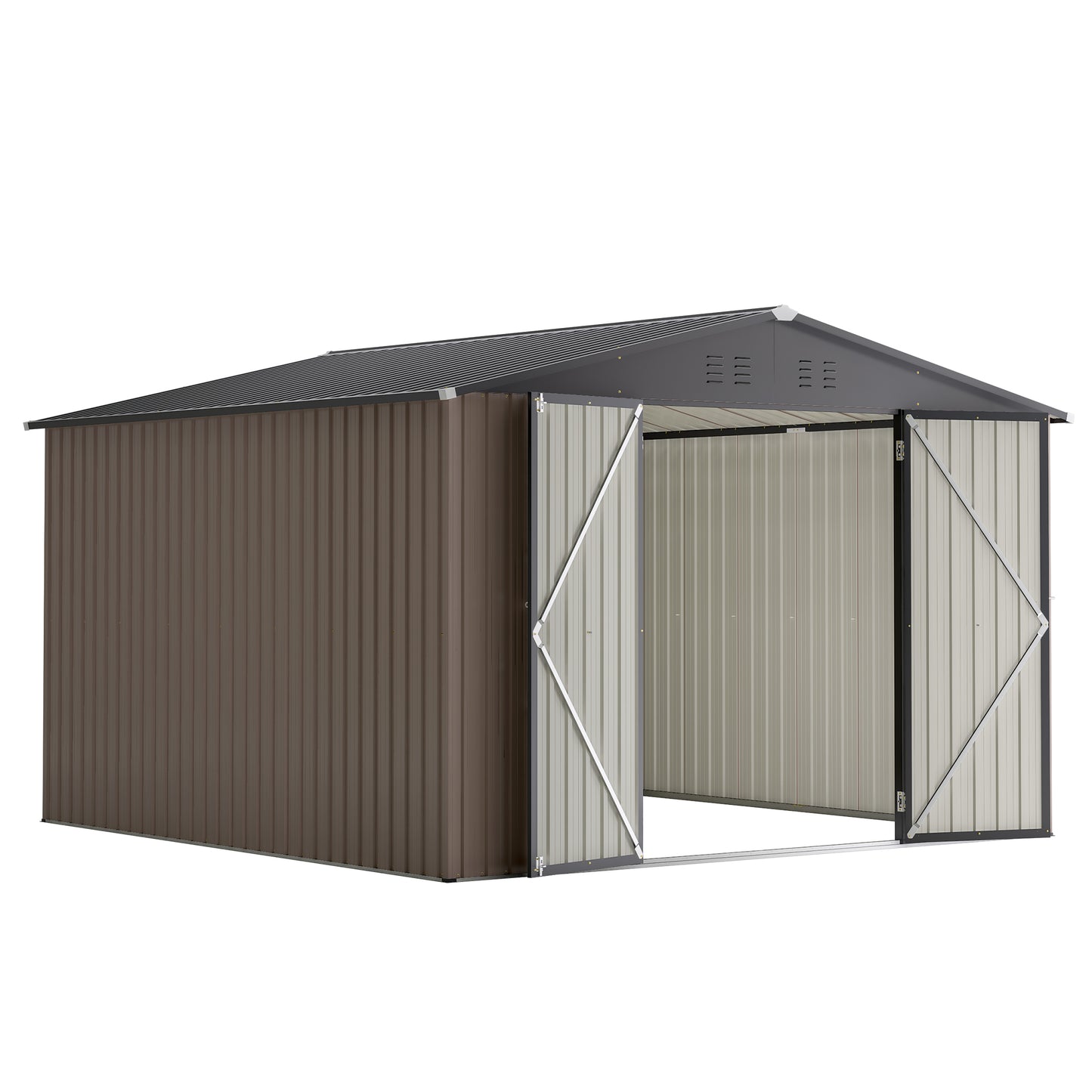 10' x 10' Metal Garden Storage Shed with Lockable Doors - Brown