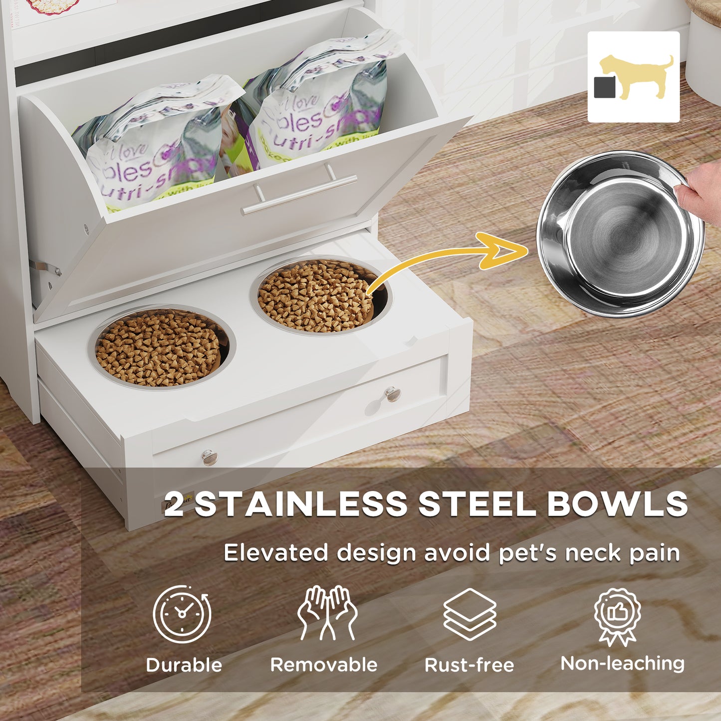Pet Food Storage Cabinet with Raised Bowls and Storage Shelves - White