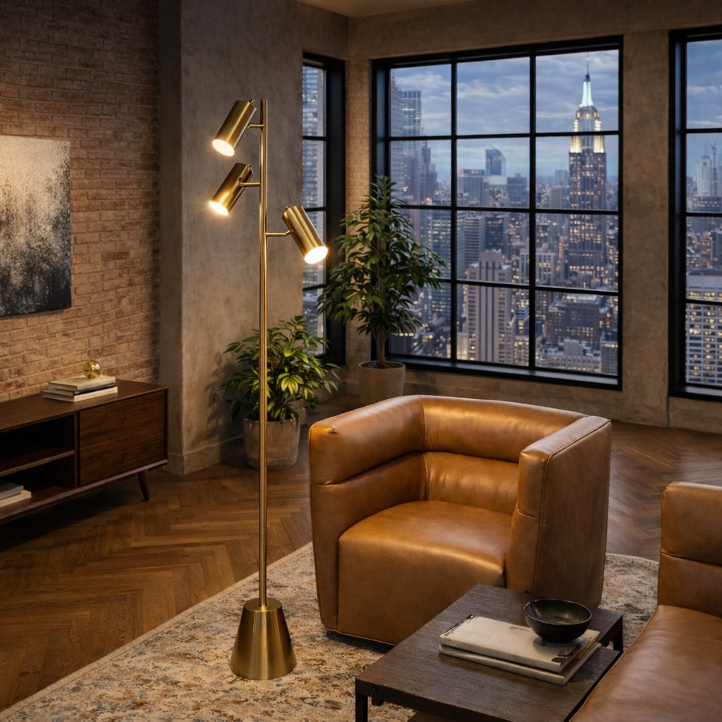 Lumina Brassed Gold Floor Lamp With Rotary Triple Spots Metal Cone