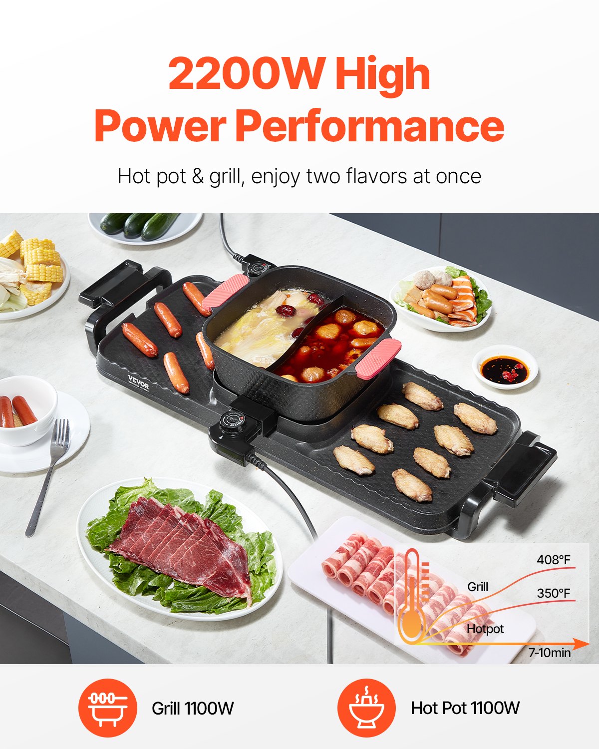 2300W Electric Hot Pot with Grill 2-in-1 Smokeless Cooking Pan - Black