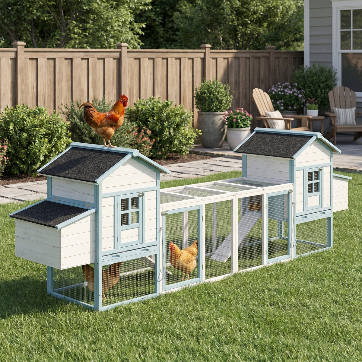 Pet Guardrails for Chicken Coop, Wooden Fence with Blue, Tan or White Finish