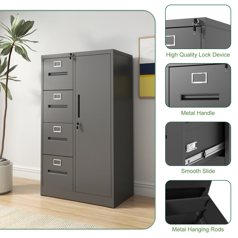 Metal Vertical Filing Cabinet with Lock - 4 Drawers & Door, Black