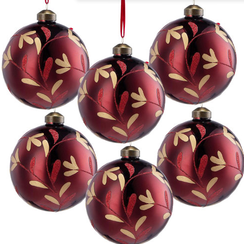 D3.9" Red Glass Christmas Ball Ornaments - Set of 6