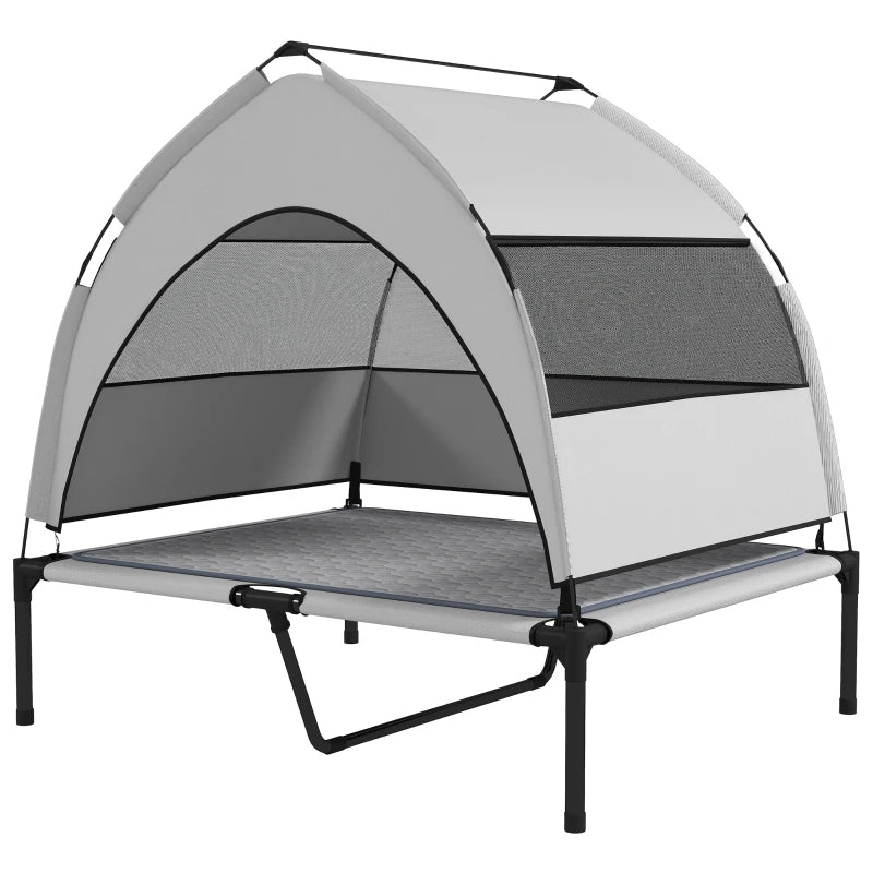 Outdoor Elevated Dog Bed with Canopy and Cooling Pad - Portable Waterproof Pet Cot