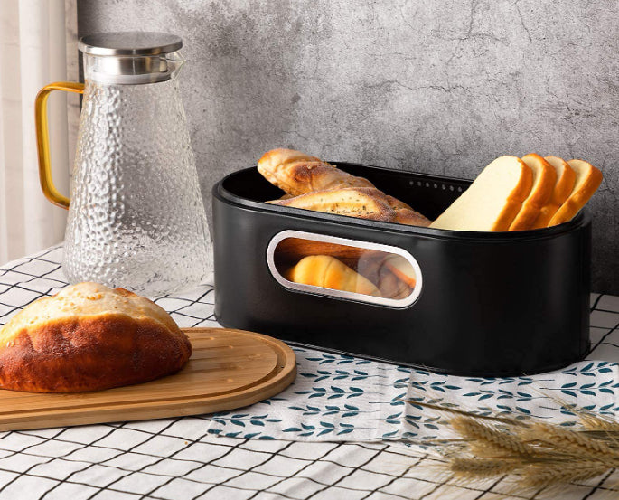 Black Metal and Bamboo Bread Box - Food Storage Organizer for Kitchen