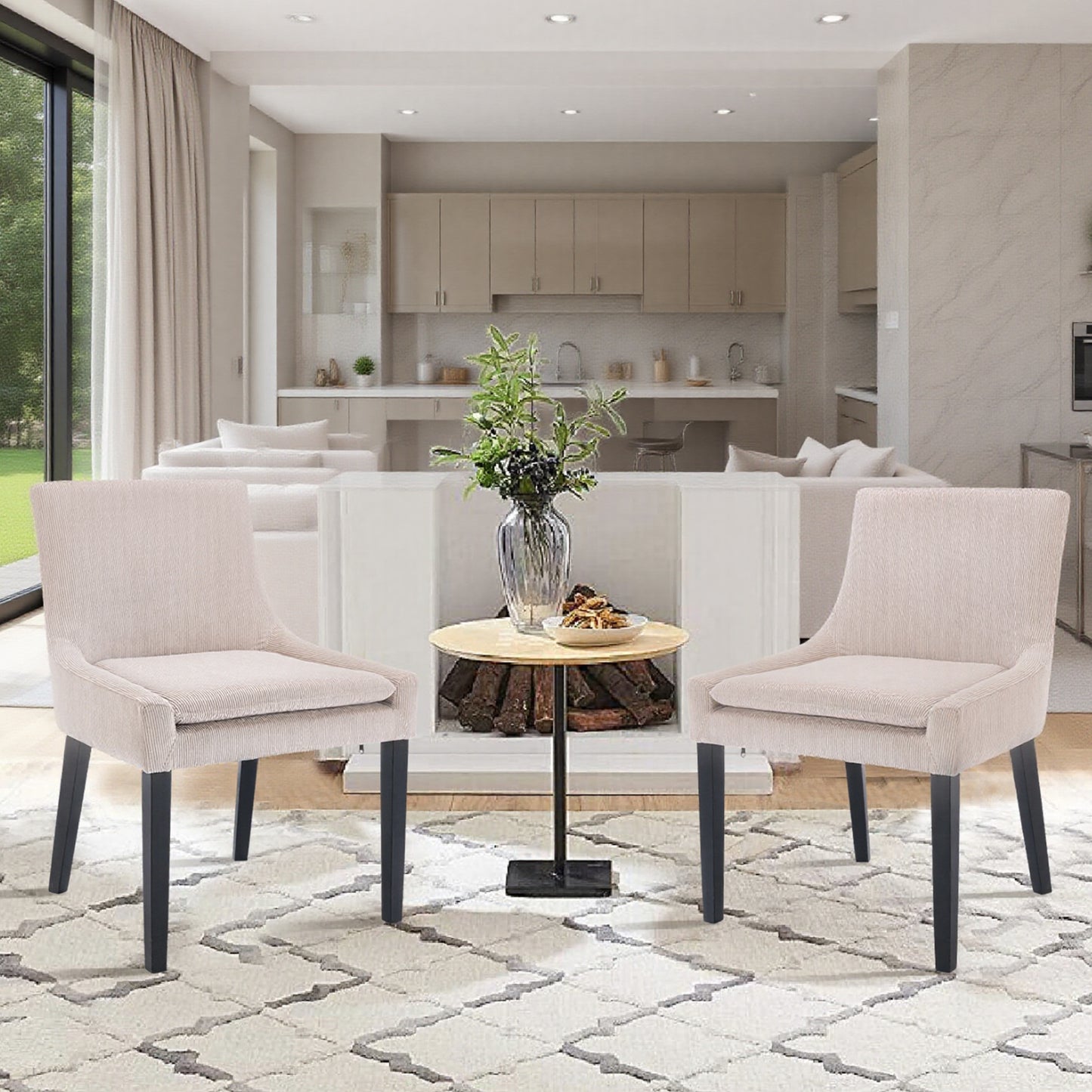 Upholstered Dining Chairs Set of 2 - Mid Back, Wood Legs