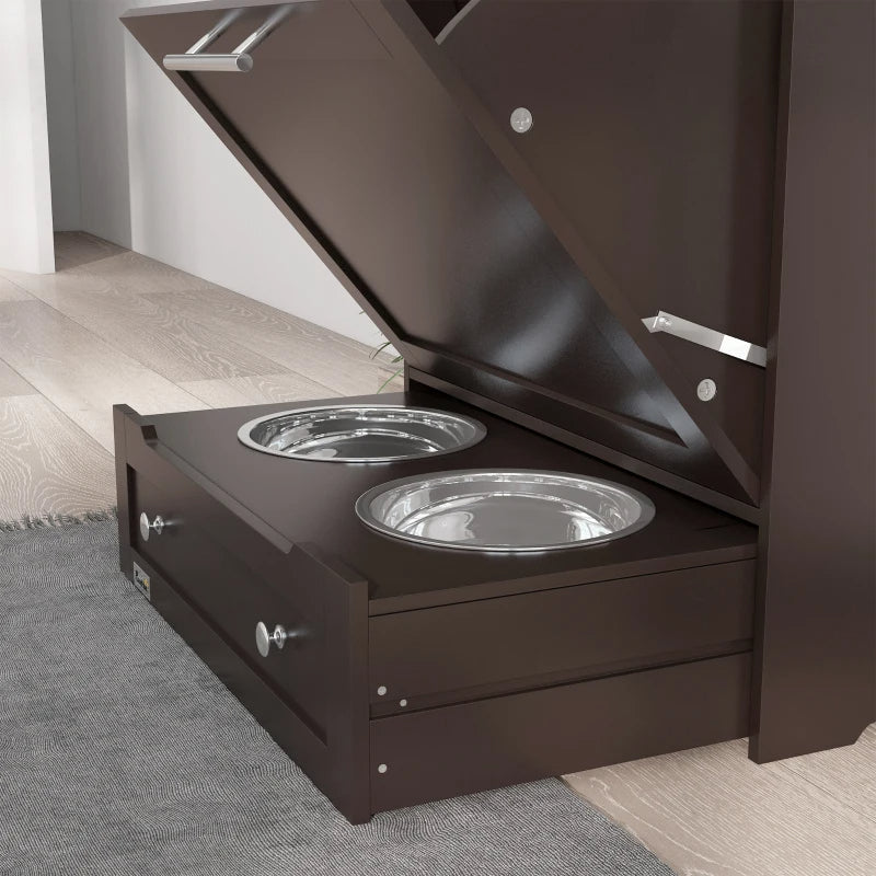 Dog Food Storage Cabinet with Elevated Bowls and Side Hooks - Brown
