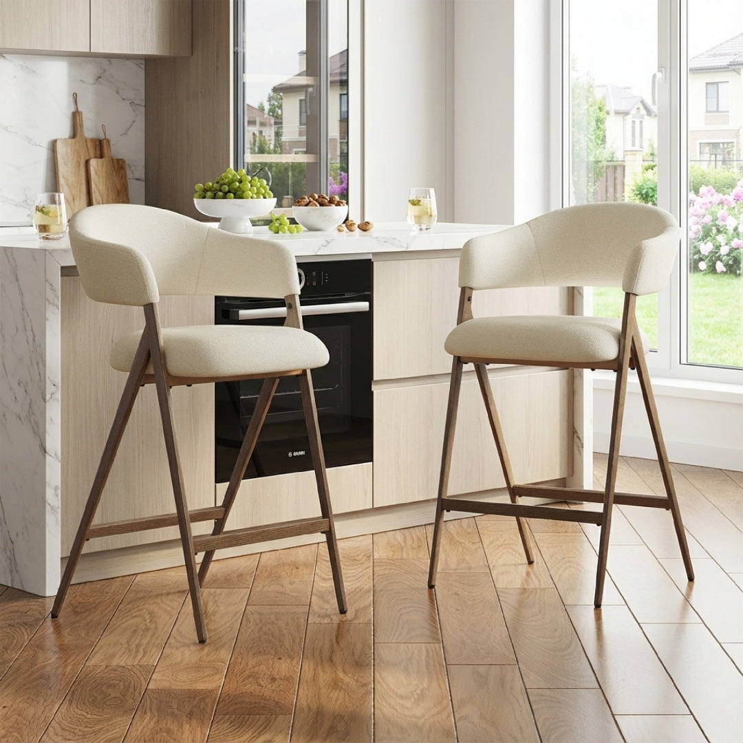 Counter Height Bar Stools Set of 2 - Upholstered with Metal Legs, Beige