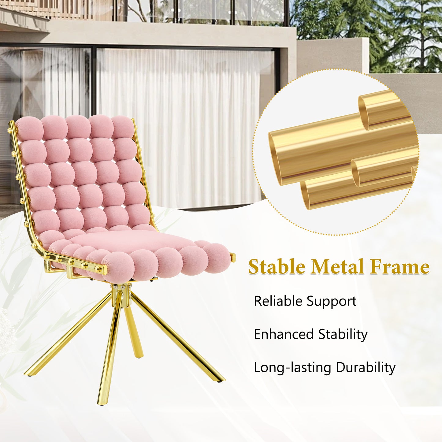 Set of 2 Plush Velvet Pink Bubble Tufted Accent Chairs - Gold Legs