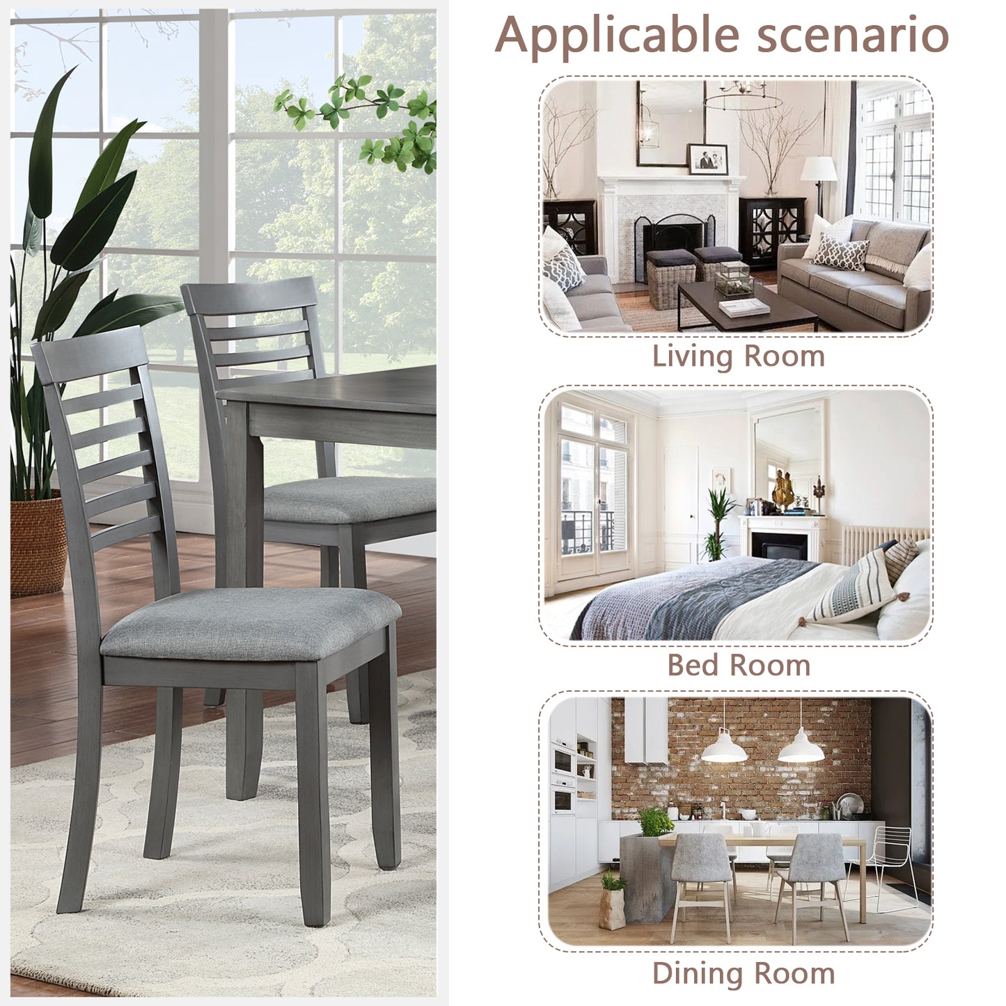 Set of 4 Upholstered Dining Chairs - Gray Wooden Kitchen Chairs