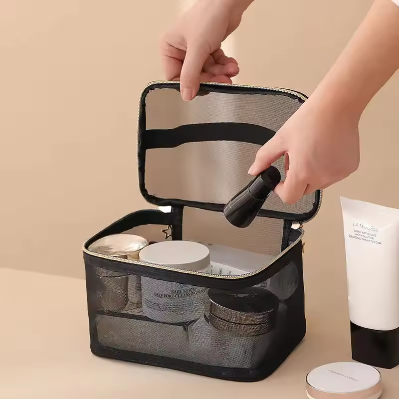 Double-Layer Hanging Toiletry Bag - Portable Mesh Travel Makeup Case