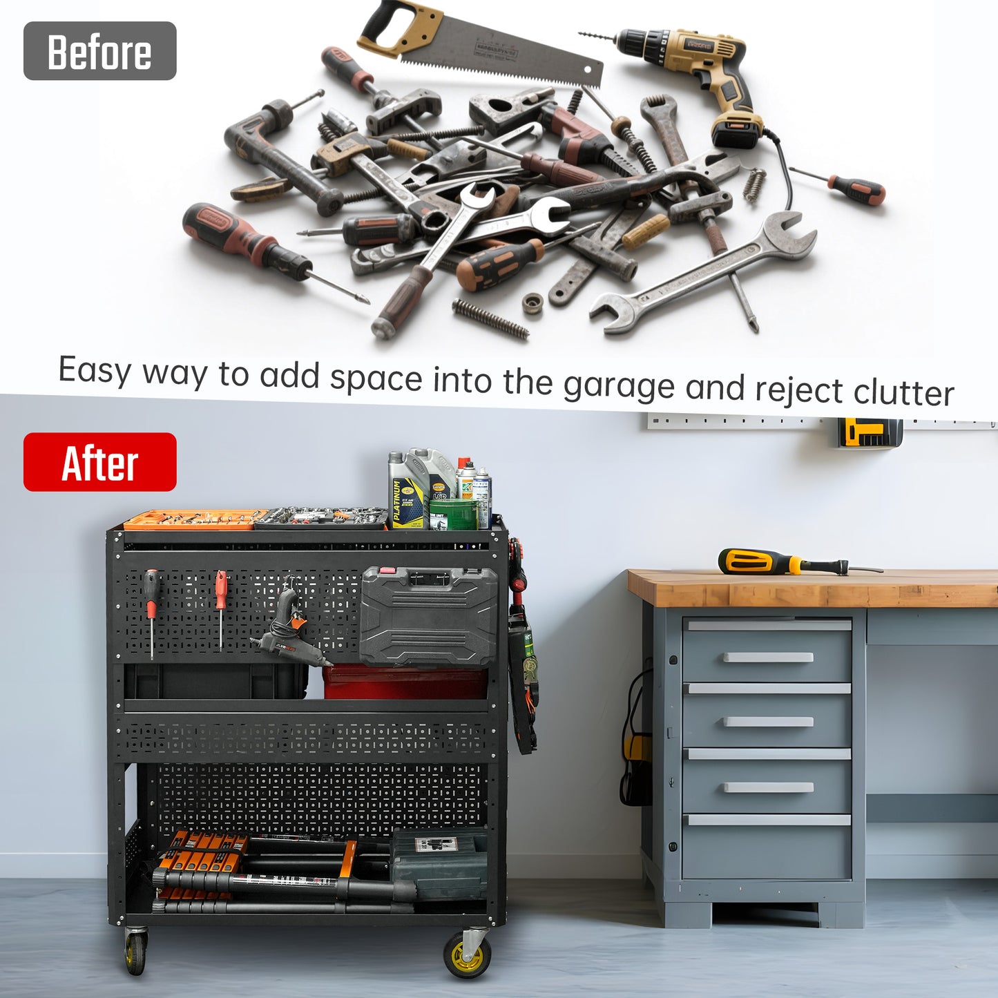 Detachable Utility Cart with 3 Shelves and Pegboard Storage - Black