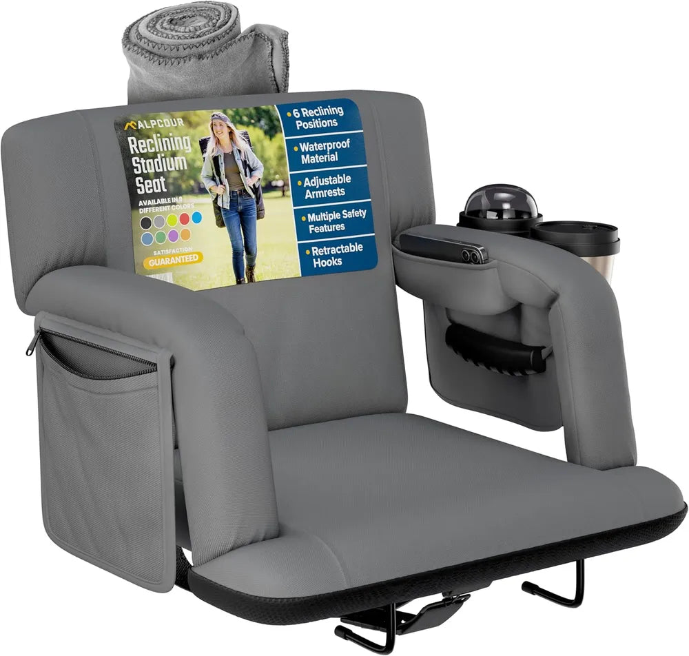 Premium Reclining Stadium Seat with Back Support - Grey, 21" Wide