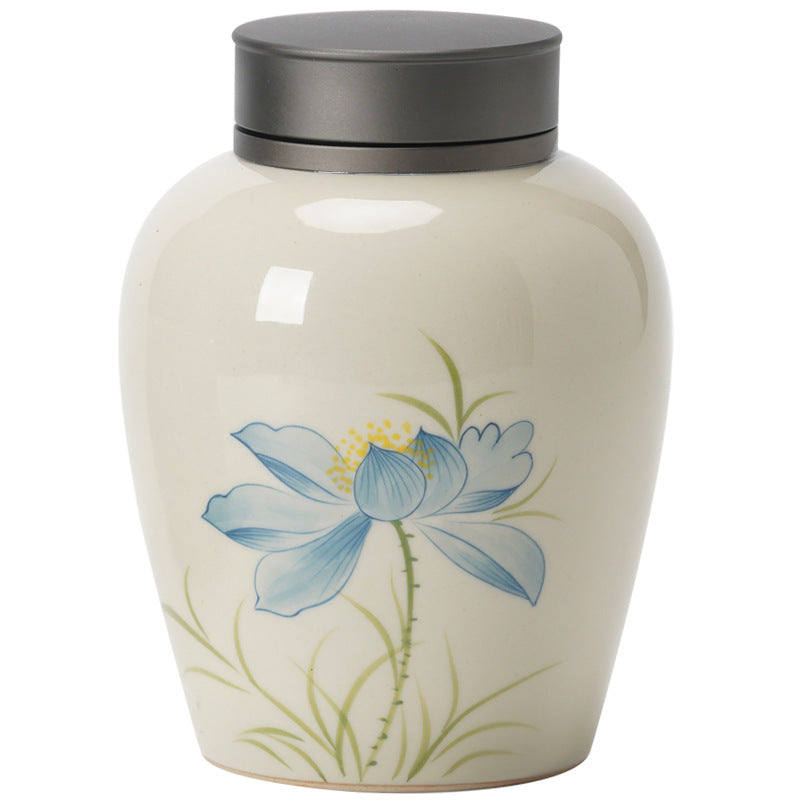 Ceramic Blue Lotus Tea Jar Sealed Storage Container - Hand Drawn Design