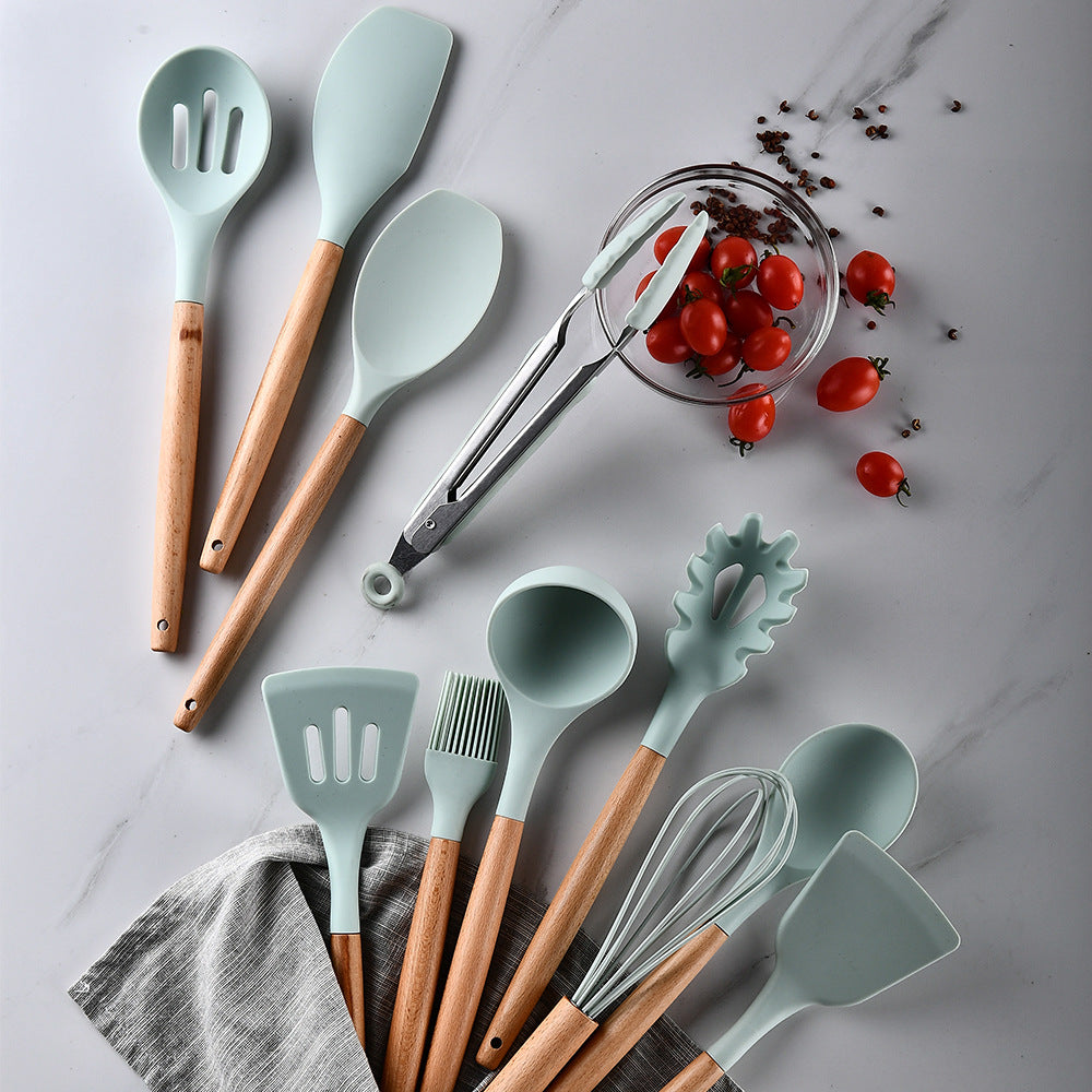 Silicone Kitchen Utensil Set with Wooden Handles - 12pcs Heat-Resistant Cooking Tools