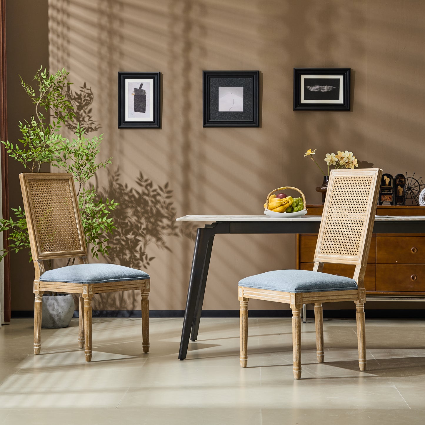 French Country Dining Chairs - Elegant Cane Backrest & Upholstered