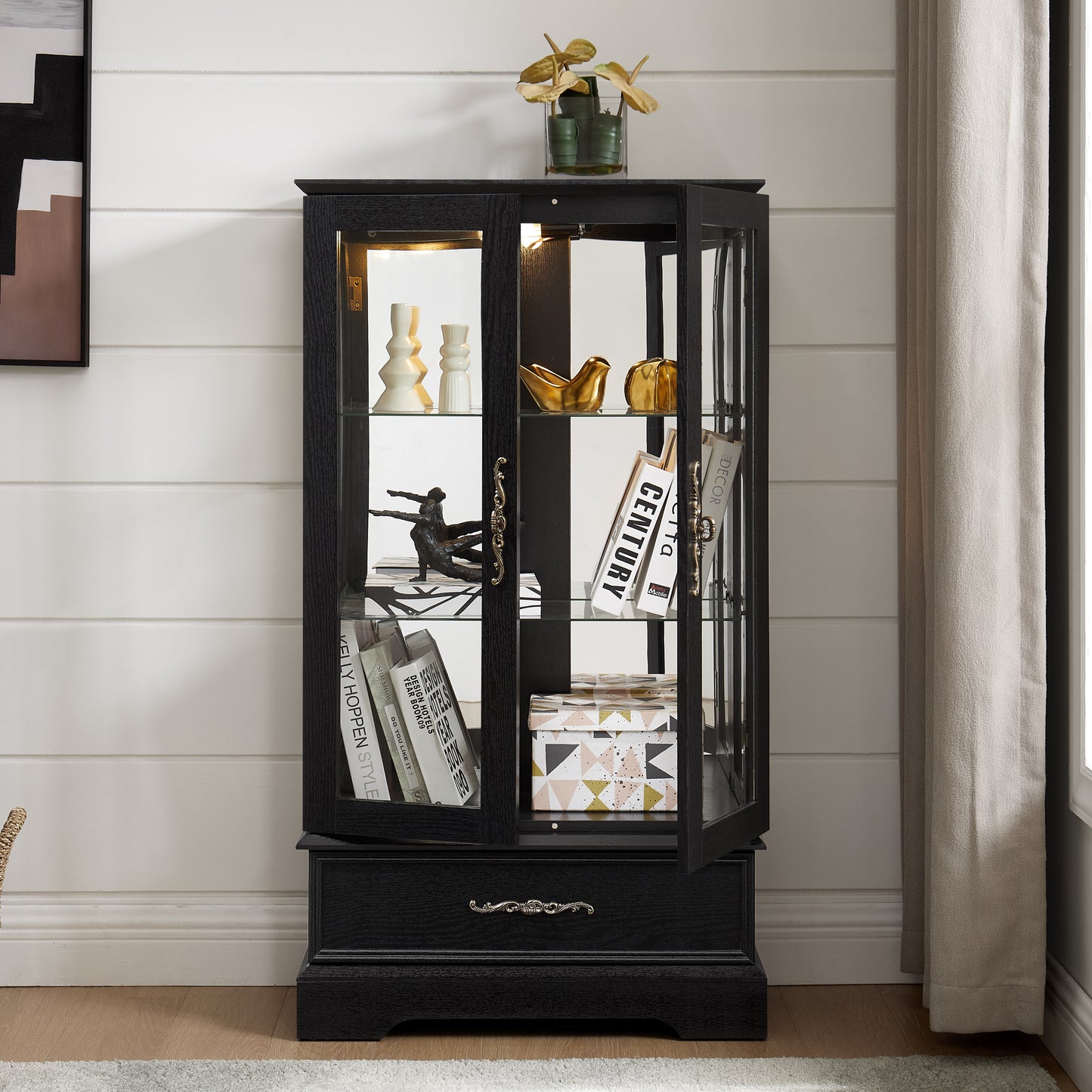 Lighted Glass Curio Cabinet With Adjustable Shelves - Elegant 2-Door