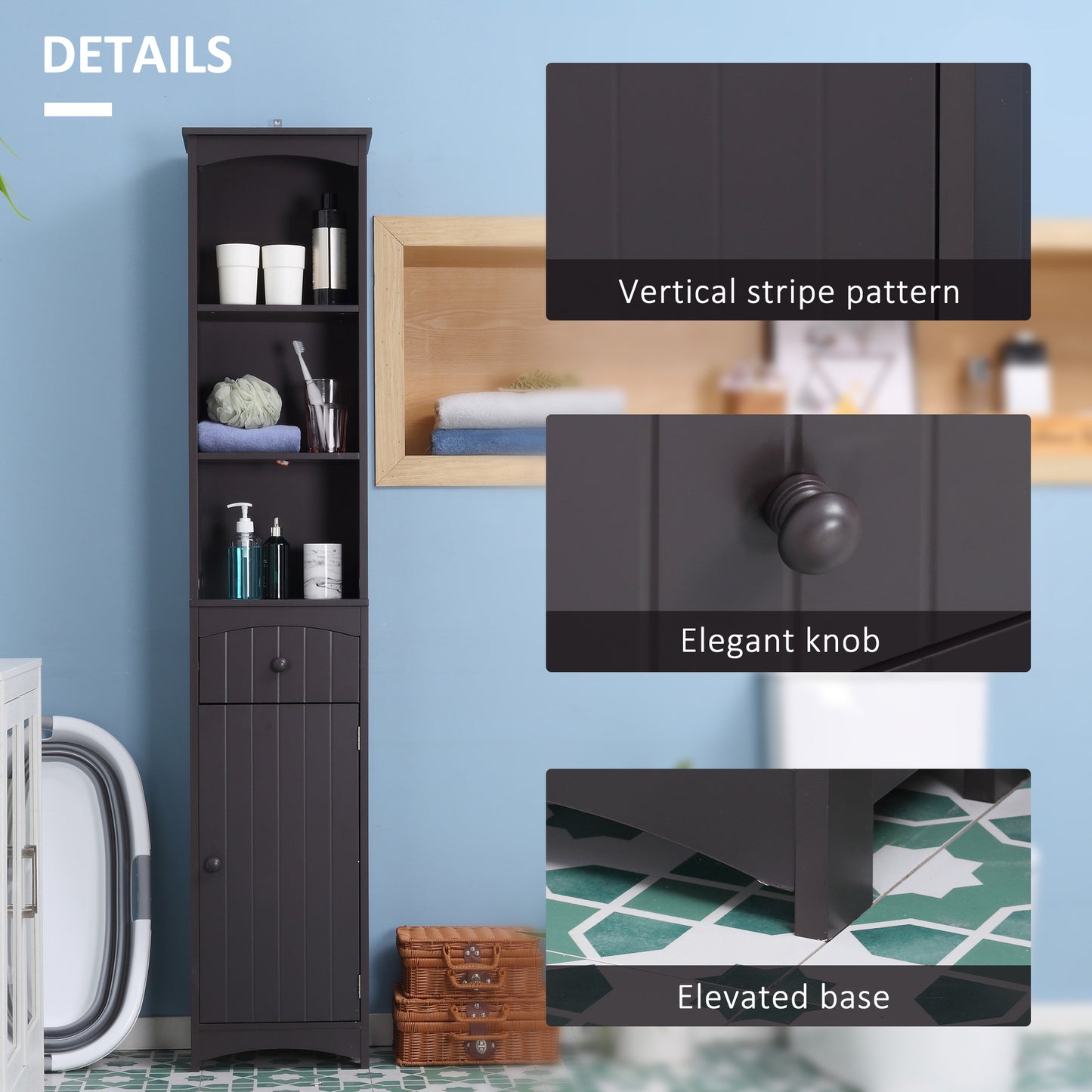 Tall Bathroom Storage Cabinet with 3-Tier Shelves and Drawer - Brown