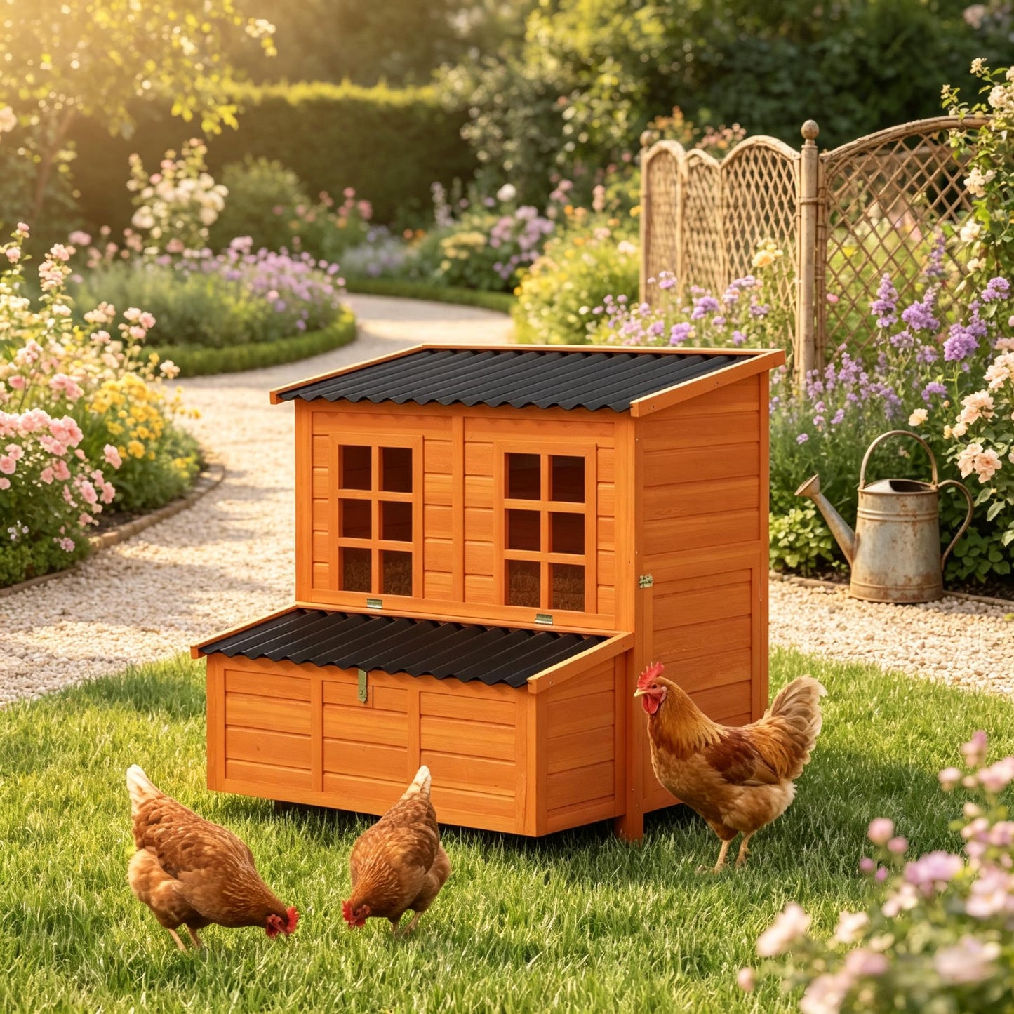 Wooden Chicken Coop with Nesting Box & Pull-Out Tray - Orange