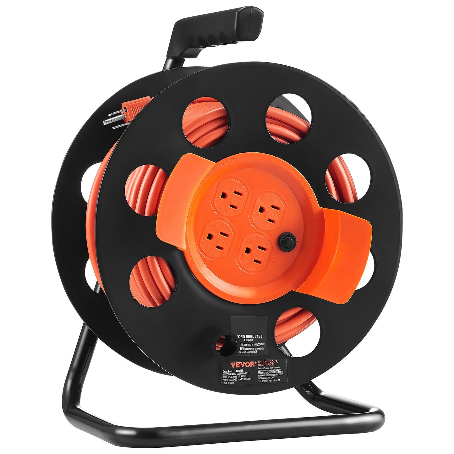 Heavy Duty 100FT Extension Cord Reel with 4 Outlets Dust Cover Circuit Breaker Orange