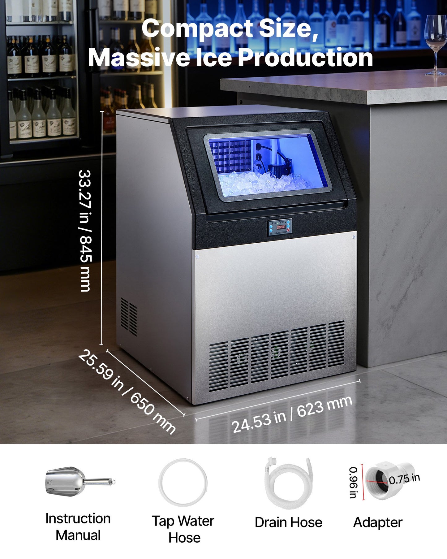 Commercial Ice Maker Machine 265 Lbs/24h with 85 Lbs Storage Stainless Steel