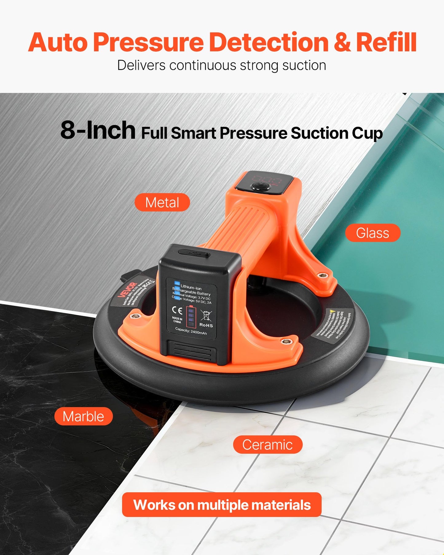 8-Inch Electric Vacuum Glass Lifter with Digital Display for Tile & Stone Lifting