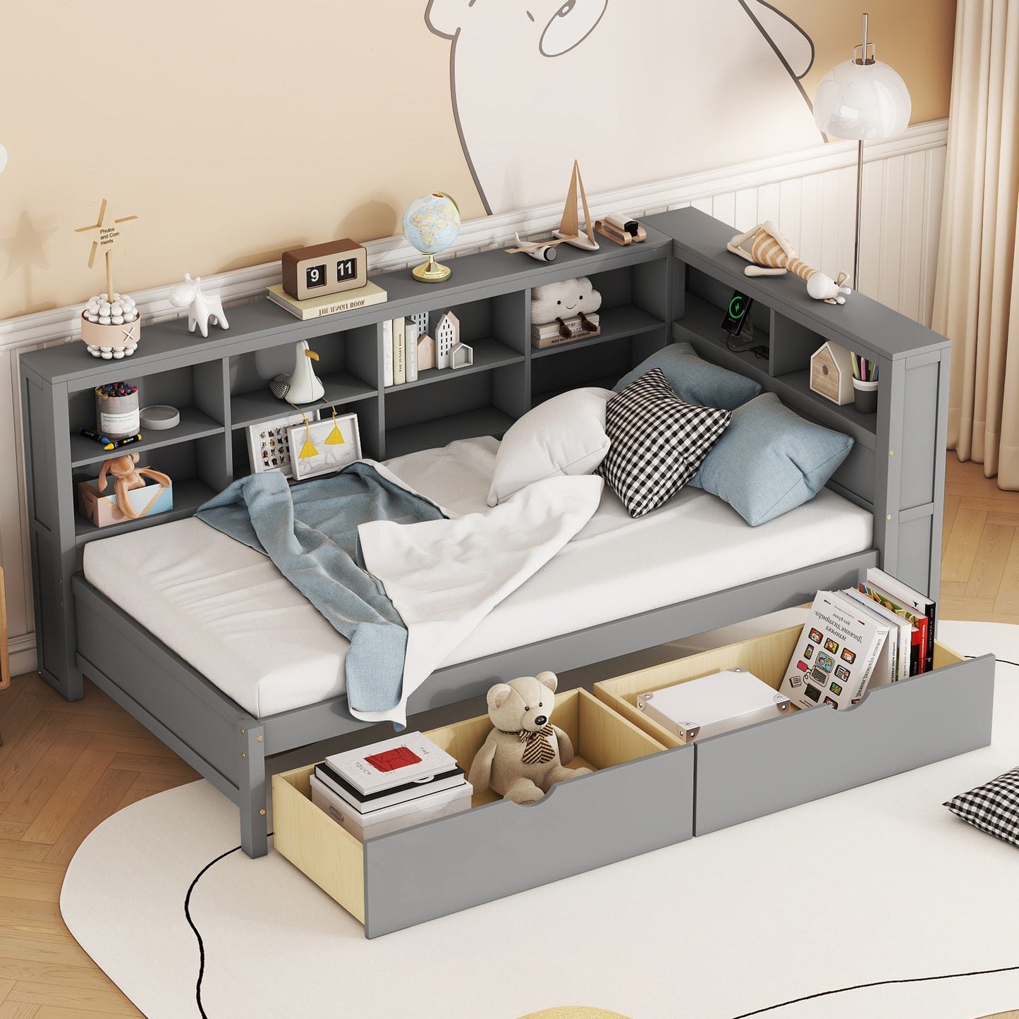 Wooden Twin Size Daybed with Storage & USB Charging Ports - Grey