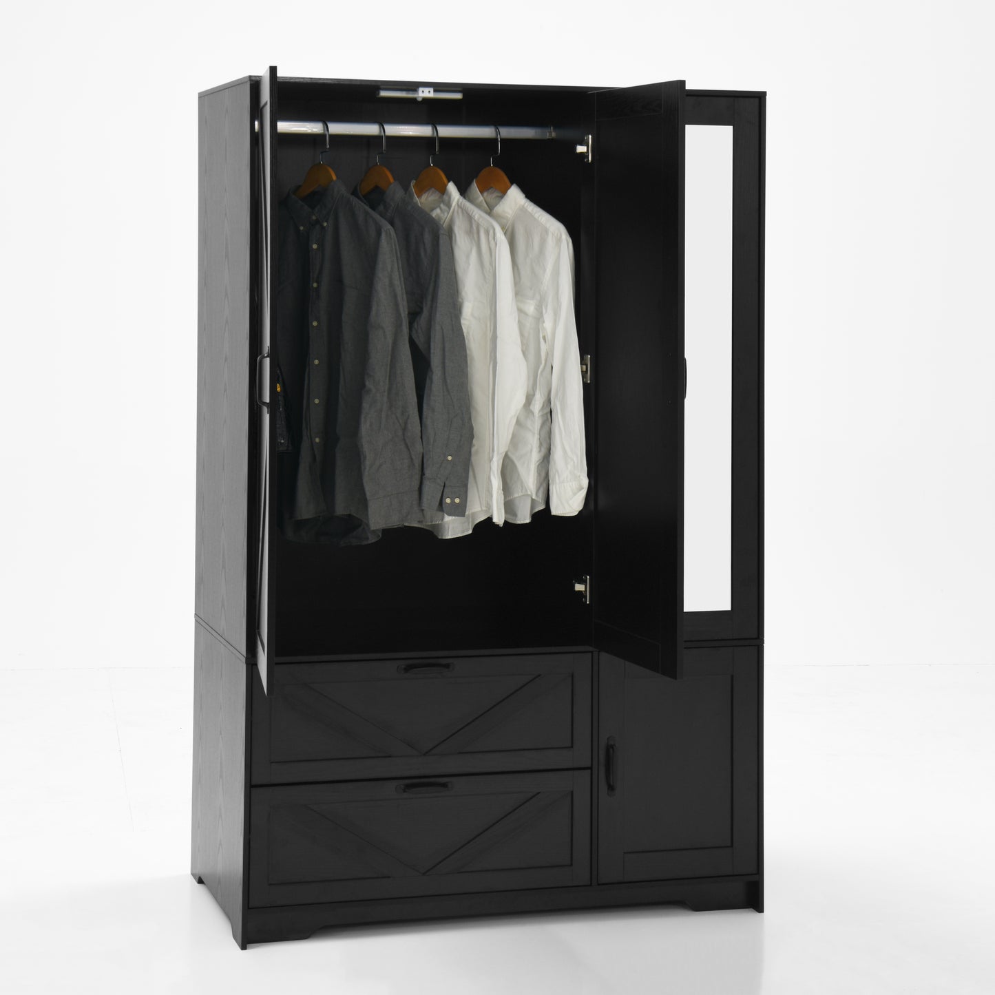Black 4-Door Wardrobe Closet with Mirror & LED Lighting