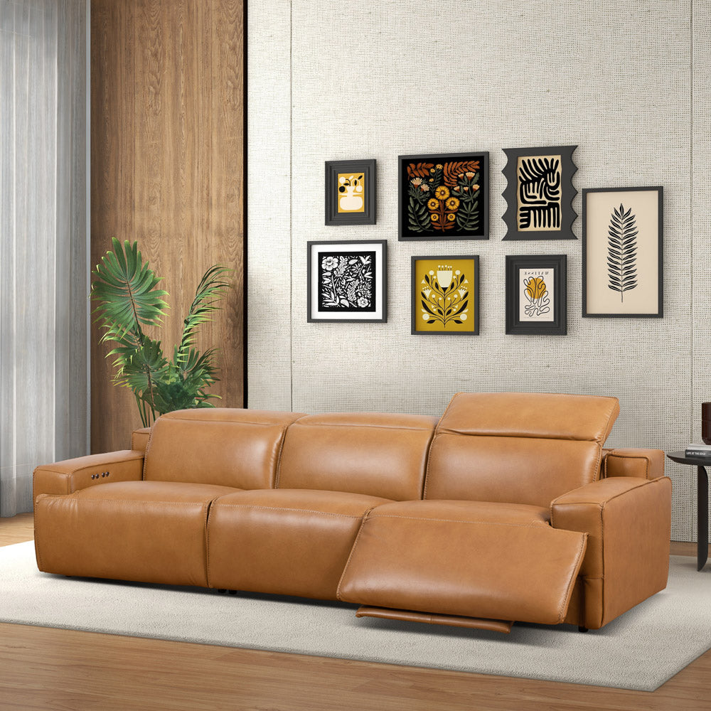 Urbana Triple PWR Recliner Sofa - Tan Leather