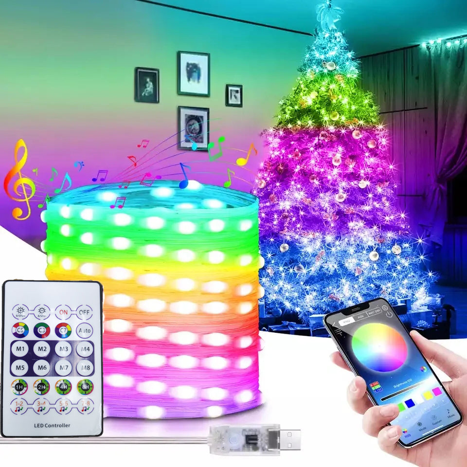 Outdoor RGB LED Rope Lights with Remote Control - 200 LEDs, Plug-In, Durable String Lighting