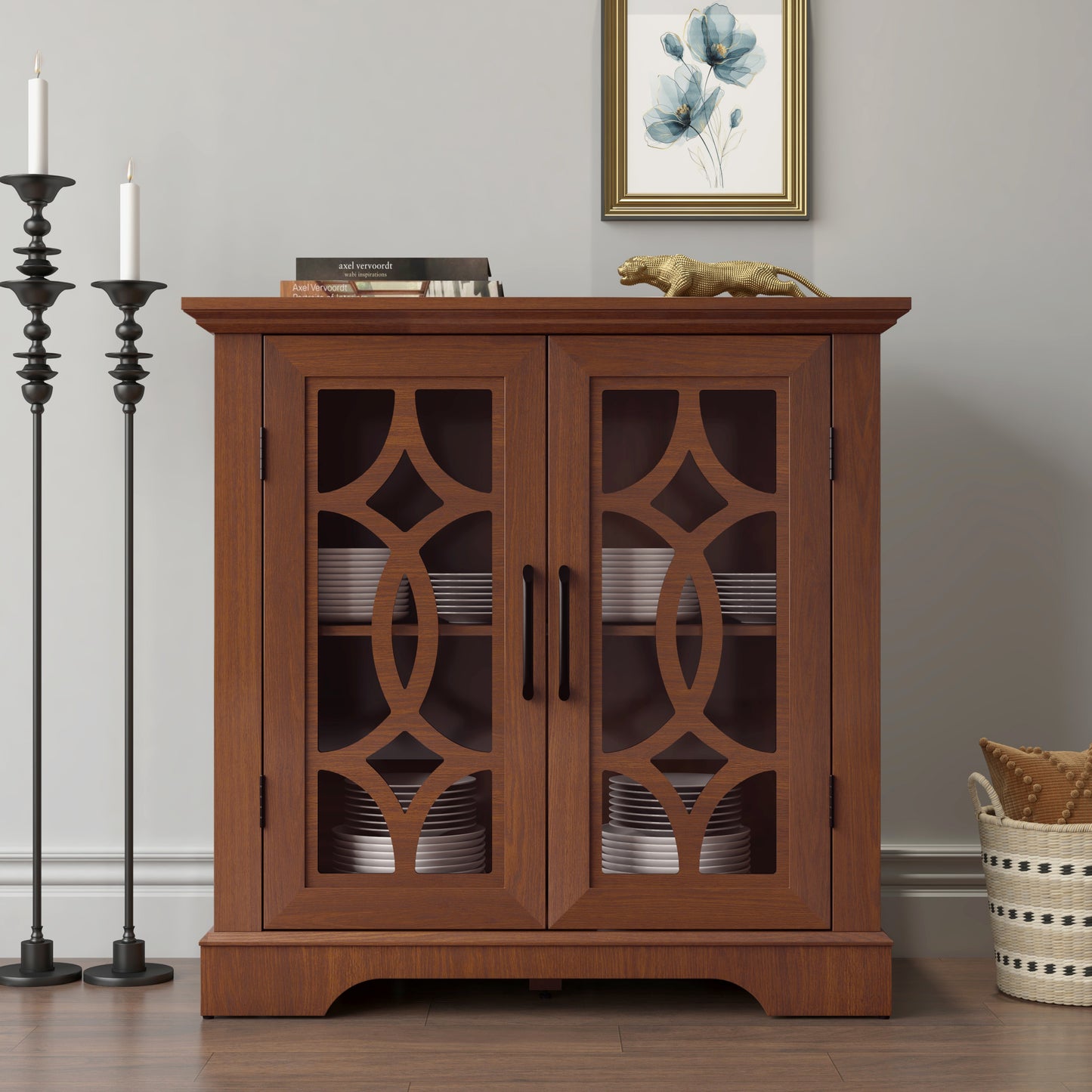 34.37X 15.55X 34.06in Spacious Size Sideboard 2 Clear Tempered Glass