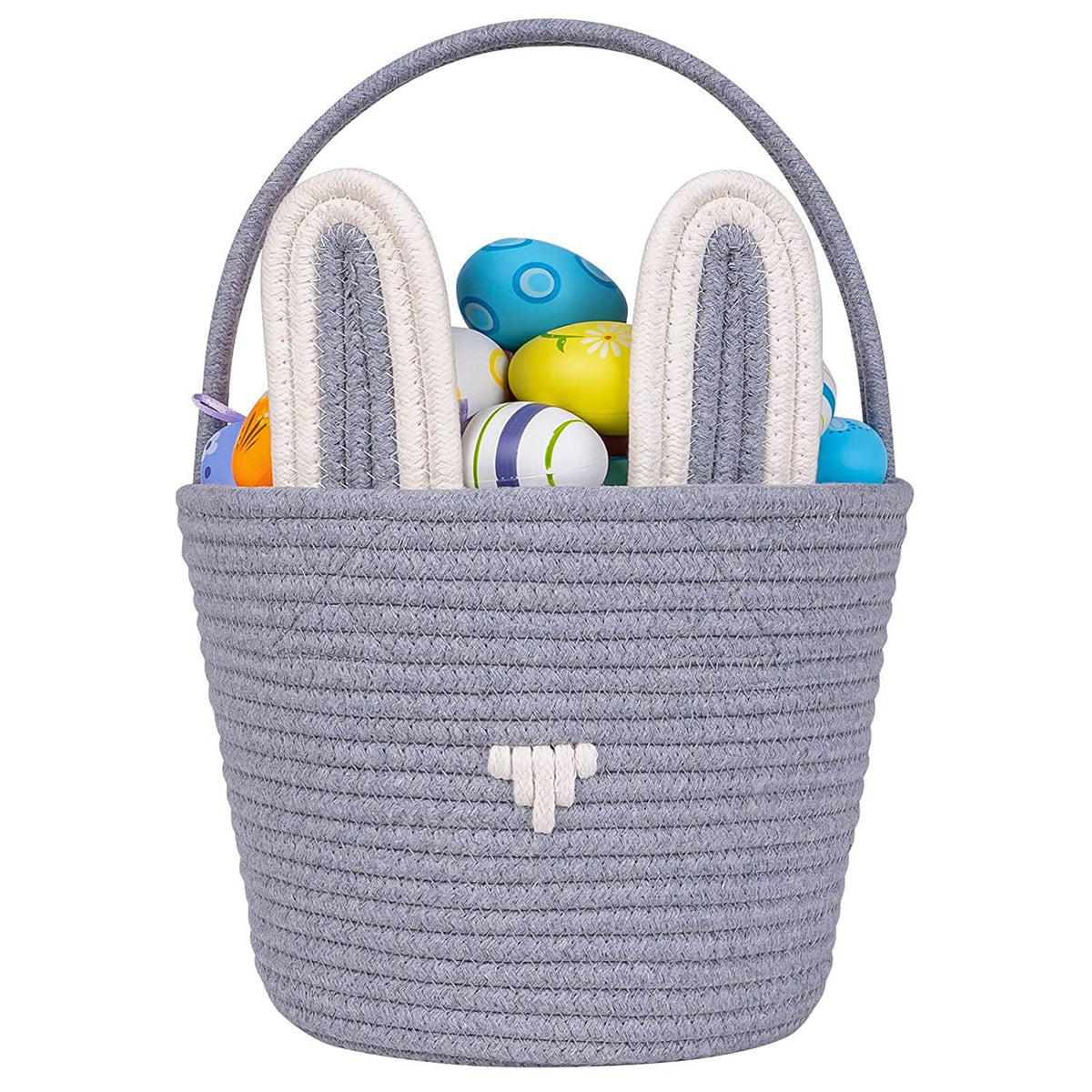 Easter Egg Handwoven Cotton Basket with Cartoon Rabbit Design – Multi-Color Storage Bag
