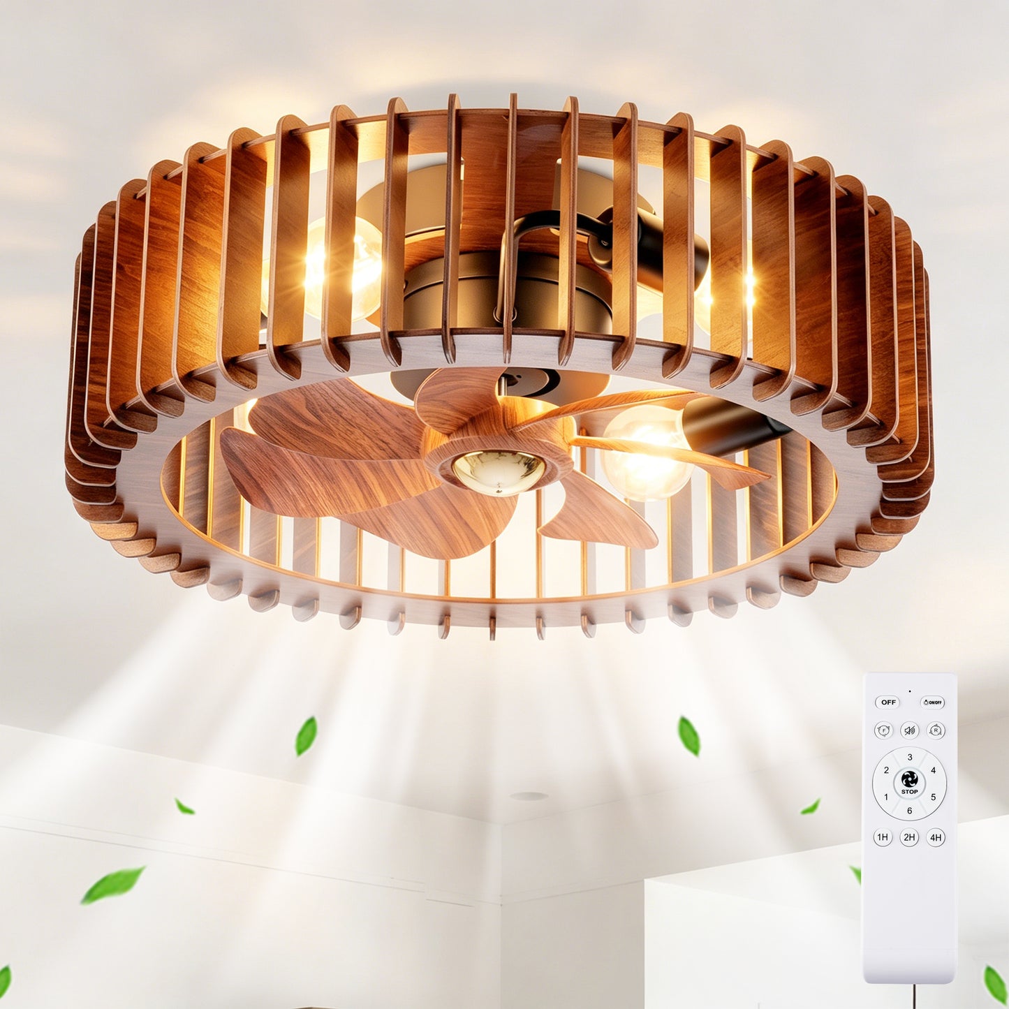 20" Modern Flush Mount Ceiling Fan Light with Remote Control - Wood