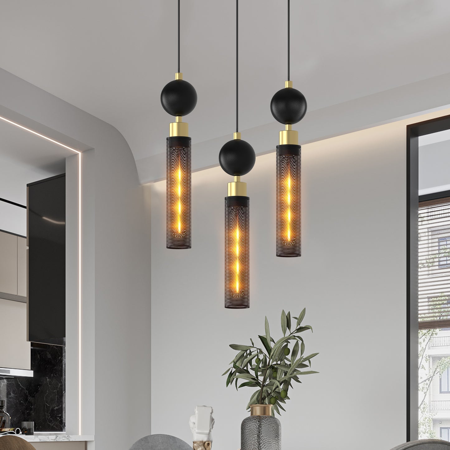 Black Wrought Iron Pendant Light for Kitchen Island, Adjustable Hanging Fixture