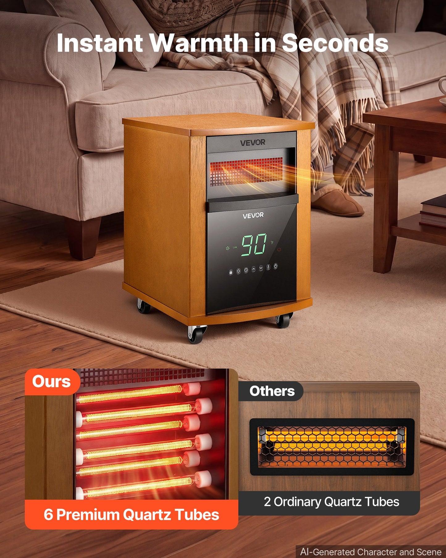 1500W Infrared Space Heater with Remote, 3 Heat Settings, Timer, Portable Wheels