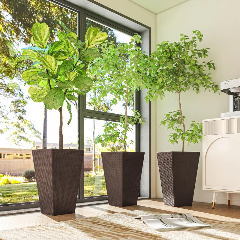 Set of 3 Tall Outdoor & Indoor Planters with Drainage Holes - Brown