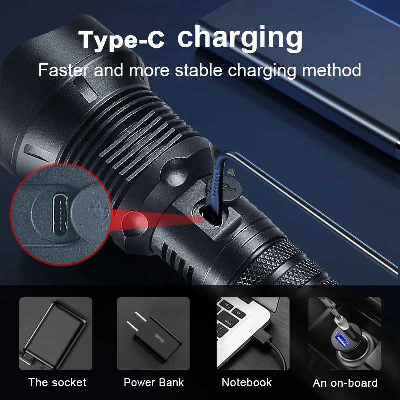 Aluminum Alloy Telescopic Zoom Flashlight with USB Charging - High-Intensity XHP70