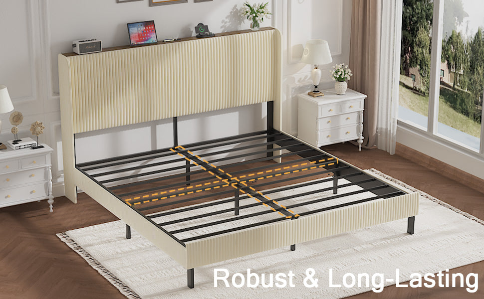 Full Metal Platform Bed Frame with Charging Station - Beige