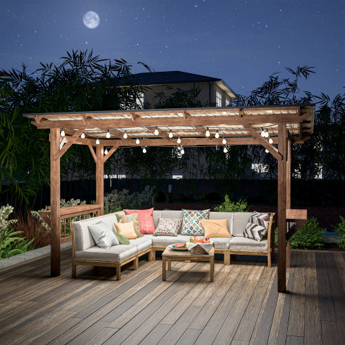Wooden Pergola Grill Gazebo with Metal Roof, Bulbs & Bar Counters - 13x6.5 Feet