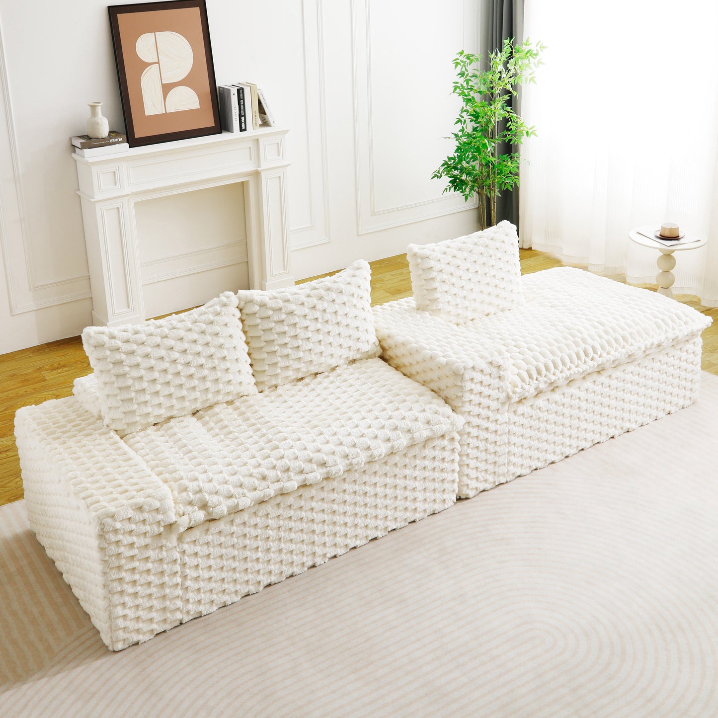 Convertible Twin-Seat Sofa with Right Chaise Lounge - White