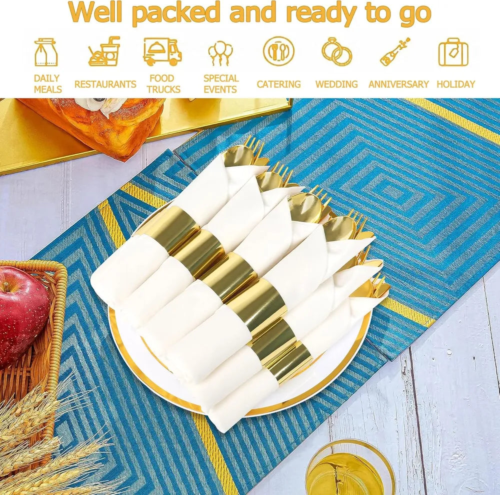 50 Pack Rose Gold Plastic Cutlery Set with Black Napkins - Wrapped