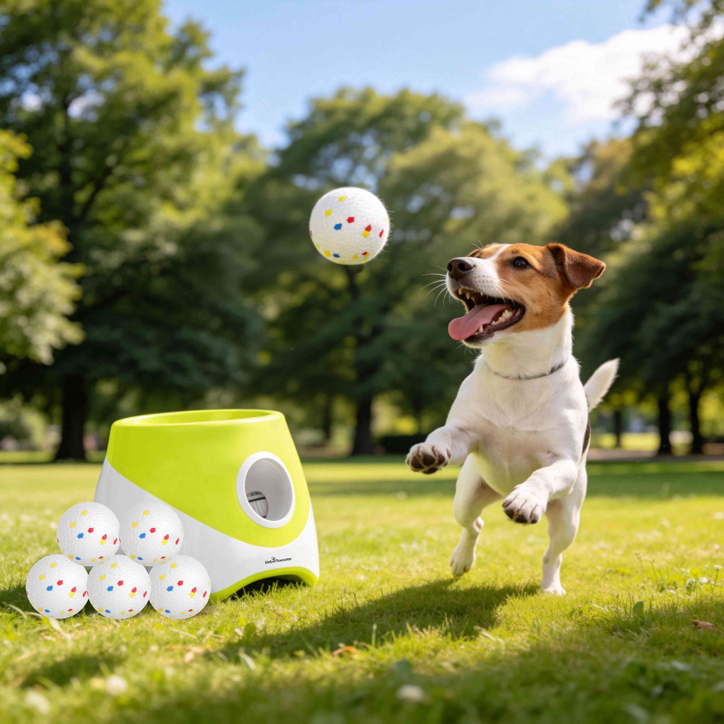 Automatic Dog Ball Launcher with Rechargeable Battery and Adjustable Distance - 6pcs 2.3in Balls