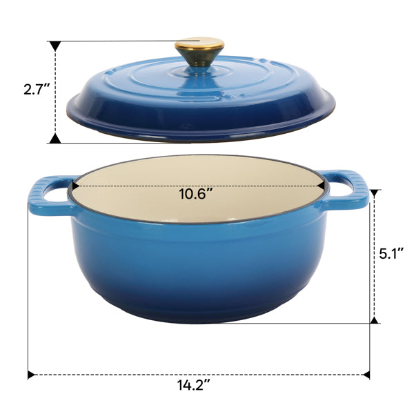 6QT Cast Iron Enamel Cooking Pot - Gradient Blue with Gloves