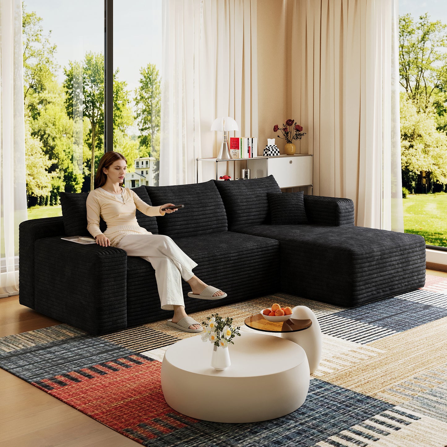 95" Cloud Sectional Sofa - Modern U-Shaped Couch in Black